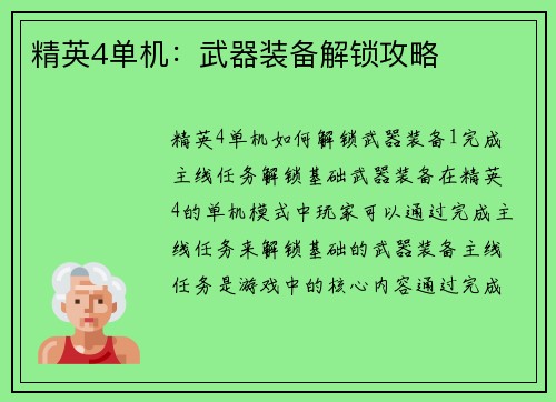 精英4单机:武器装备解锁攻略